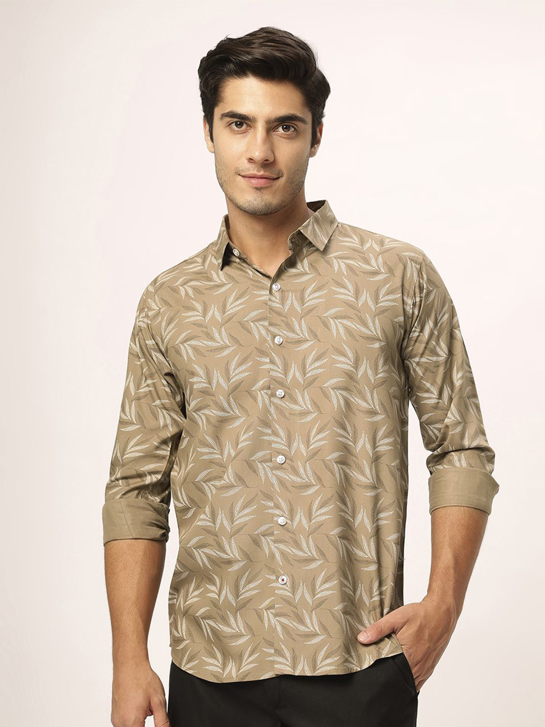 

N AND J Relaxed Cotton Printed Casual Shirt, Khaki