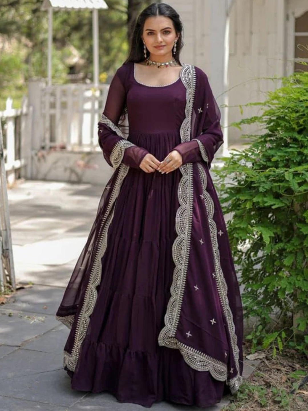 

Fashion Basket Georgette Anarkali Kurta With Trousers & Dupatta, Purple