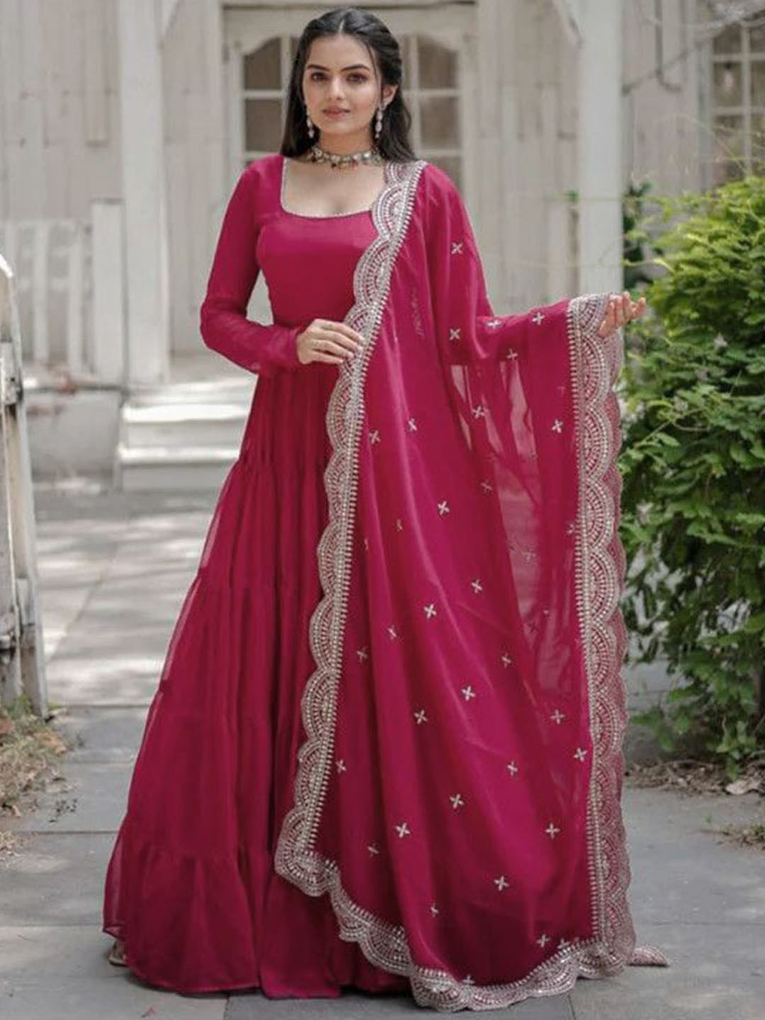 

Fashion Basket Georgette Anarkali Kurta With Harem Pants & Dupatta, Pink