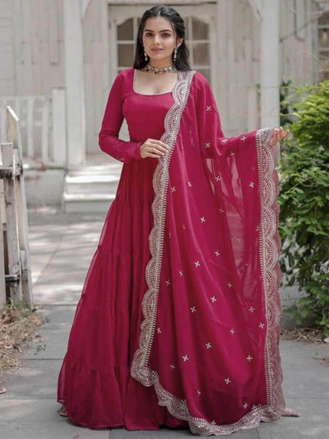 

Fashion Basket Georgette Fit & Flare Tiered Maxi Ethnic Dress With Dupatta, Pink