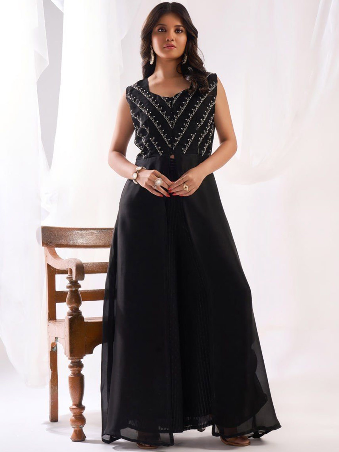 

Fashion Basket Floral Embroidered Georgette Fit & Flared Maxi Ethnic Dress, Black