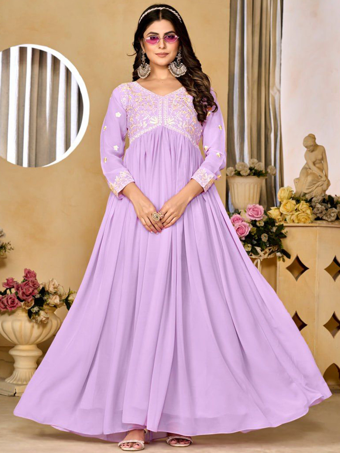 

Fashion Basket V Neck Embroidered Fit & Flared Maxi Ethnic Dress, Purple