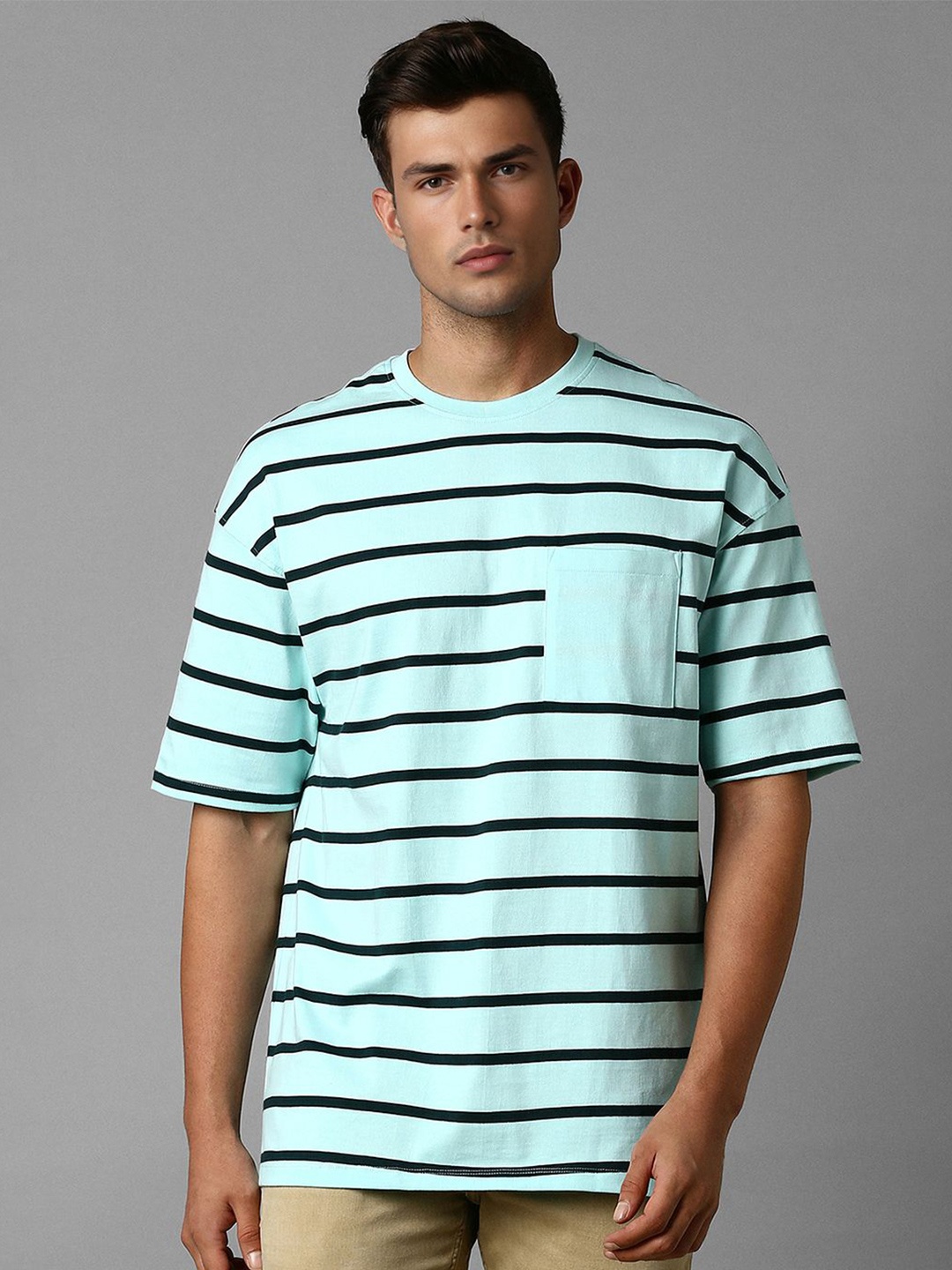 

Louis Philippe Jeans Round Neck Striped Pockets Cotton T-shirt, Blue