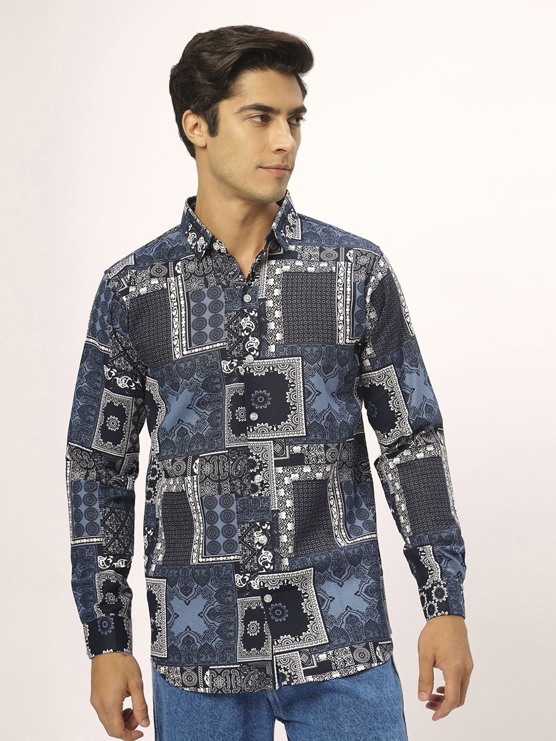 

N AND J Men Relaxed Fit Cotton Printed Casual Shirt, Blue