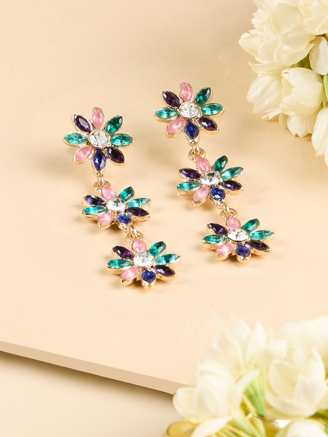 

AMI Gold-Plated Stone-Studded Floral Drop Earrings