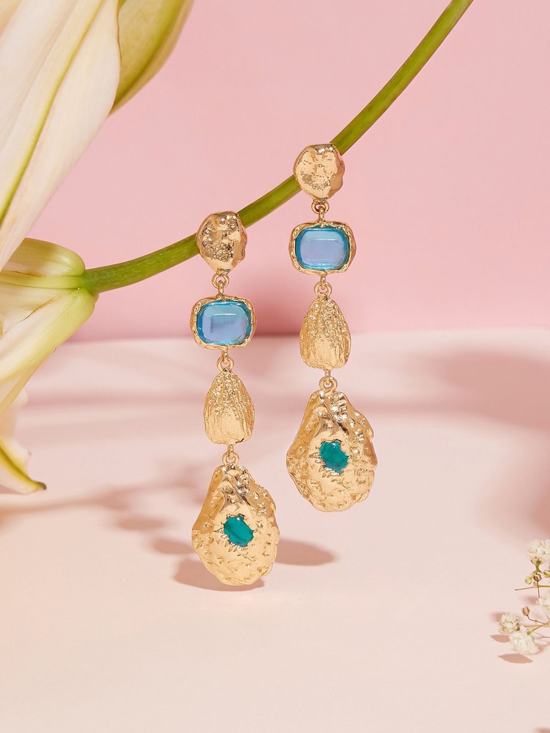 

AMI Gold-Plated Stone-Studded Contemporary Drop Earrings