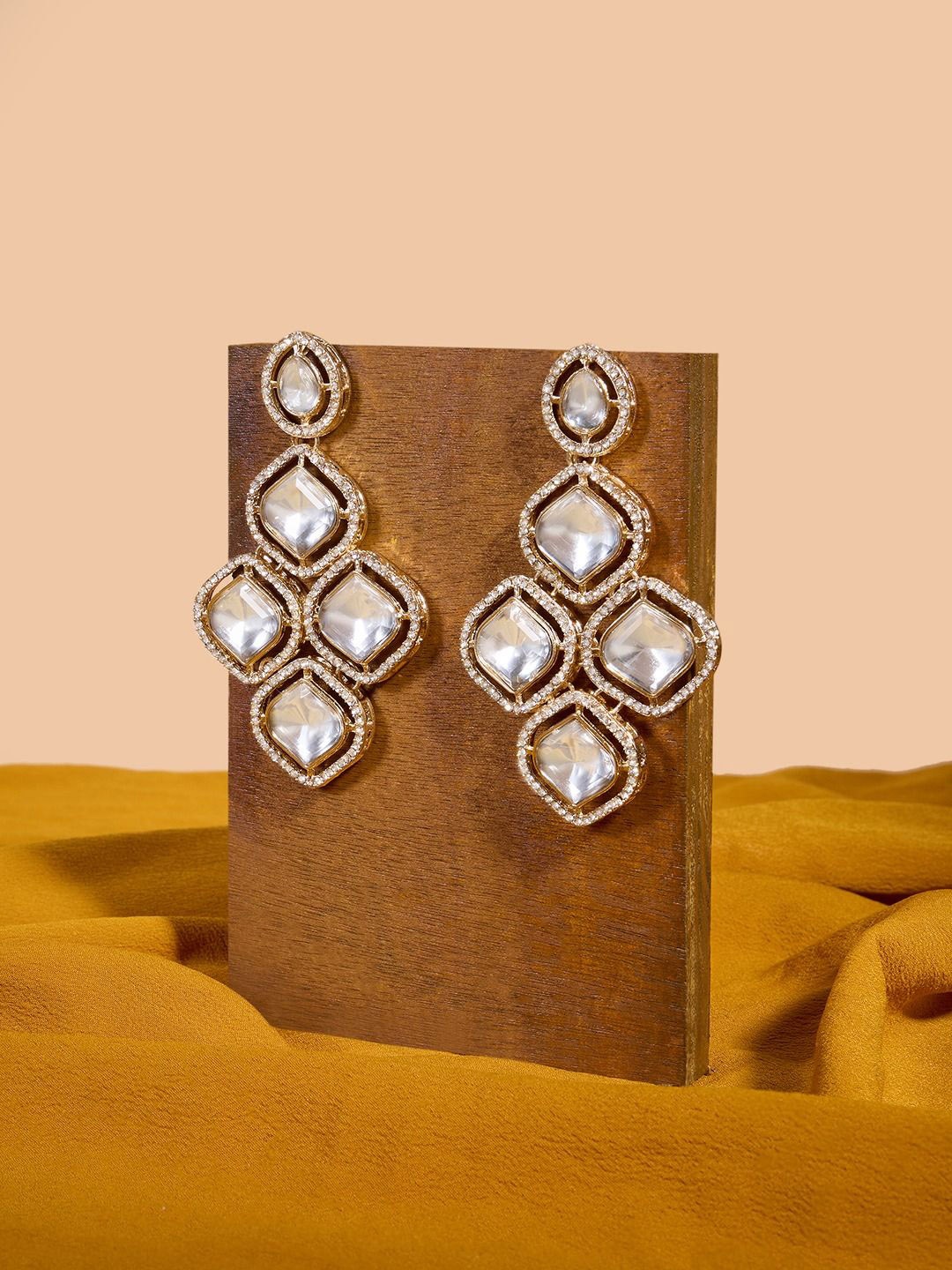 

AMI Gold-Plated Stone-Studded Contemporary Drop Earrings