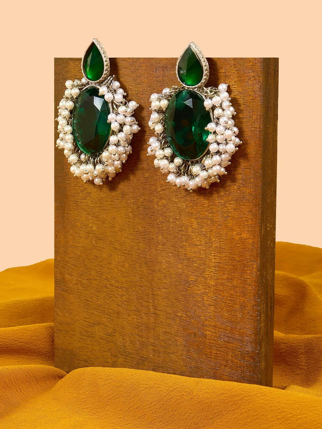 

AMI Silver-Plated Stone-Studded & Beaded Contemporary Drop Earrings