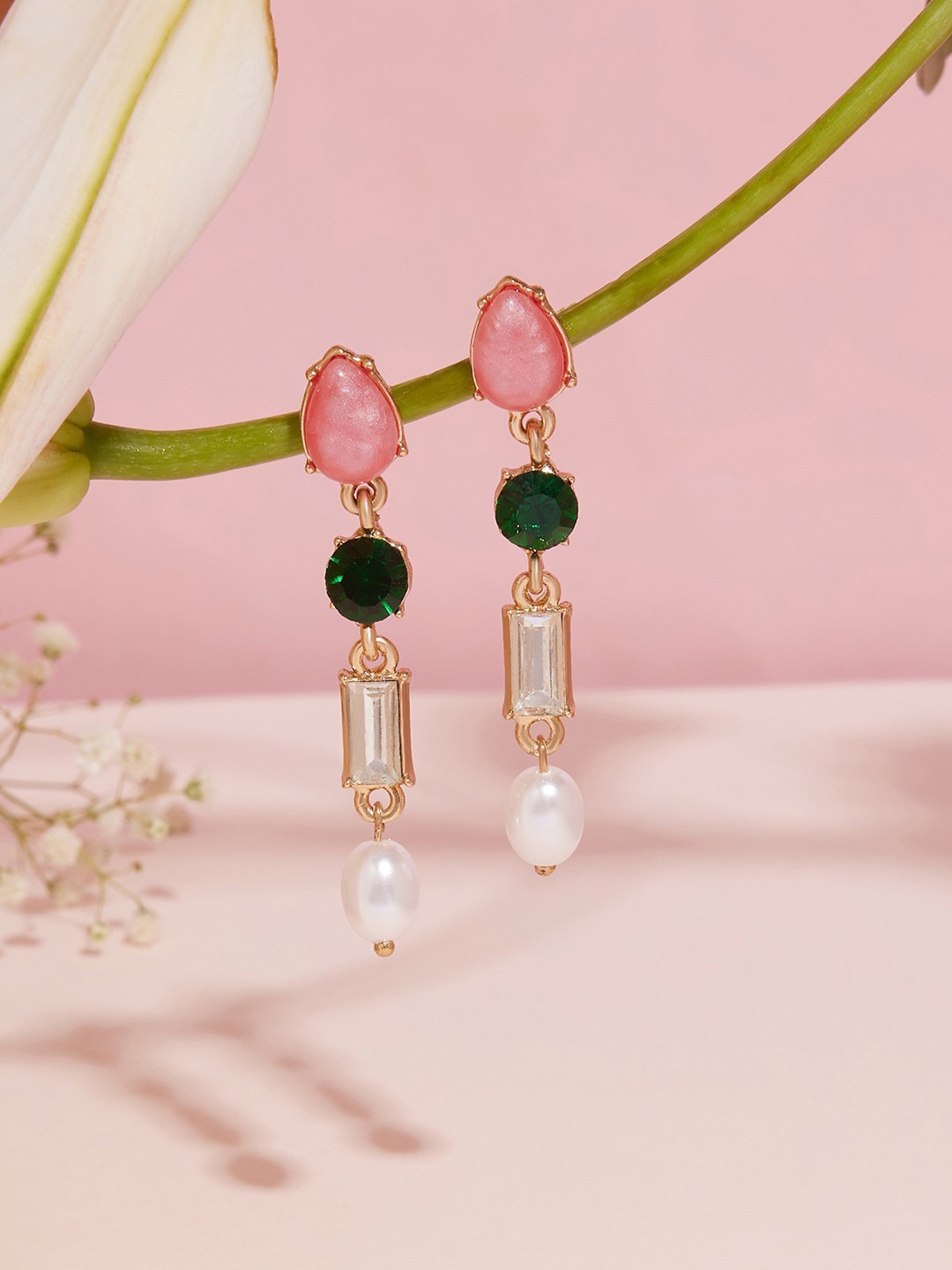 

AMI Gold-Plated Stone-Studded & Beaded Contemporary Drop Earrings