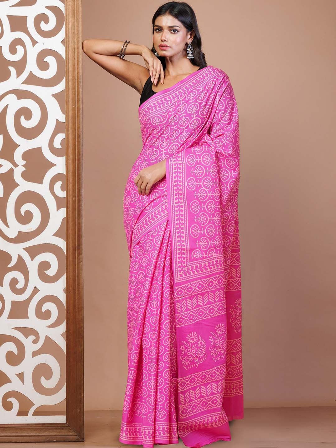 

Unnati Silks Ethnic Motifs Pure Cotton Block Print Saree, Pink