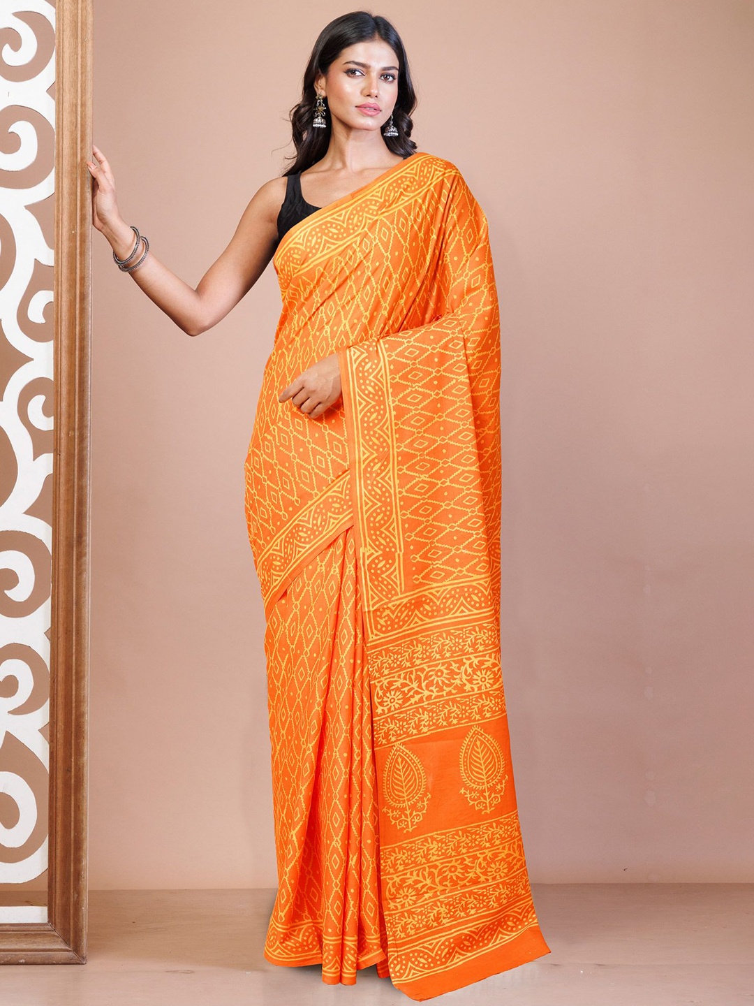 

Unnati Silks Ethnic Motifs Pure Cotton Block Print Saree, Orange