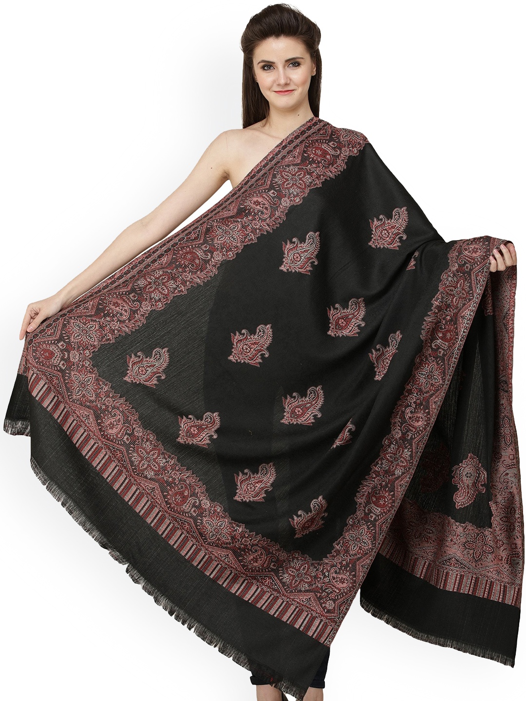 

Exotic India Jet Black wool Jamawar Shawl with Woven Border and Paisleys All-Over