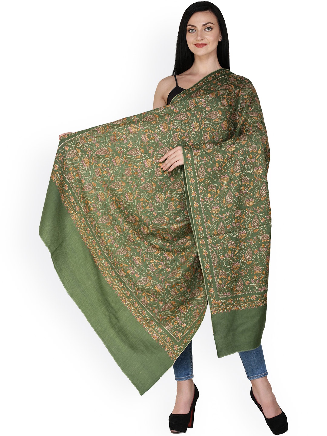 

Exotic India Women Floral Embroidered Shawl, Green