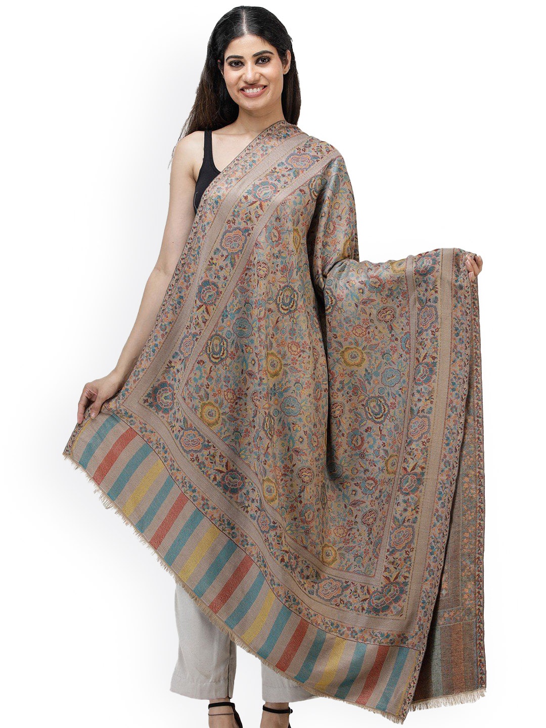 

Exotic India Warm Taupe Woven Flowers in Multi-coloured Thread Jamawar Wool Shawl, Brown