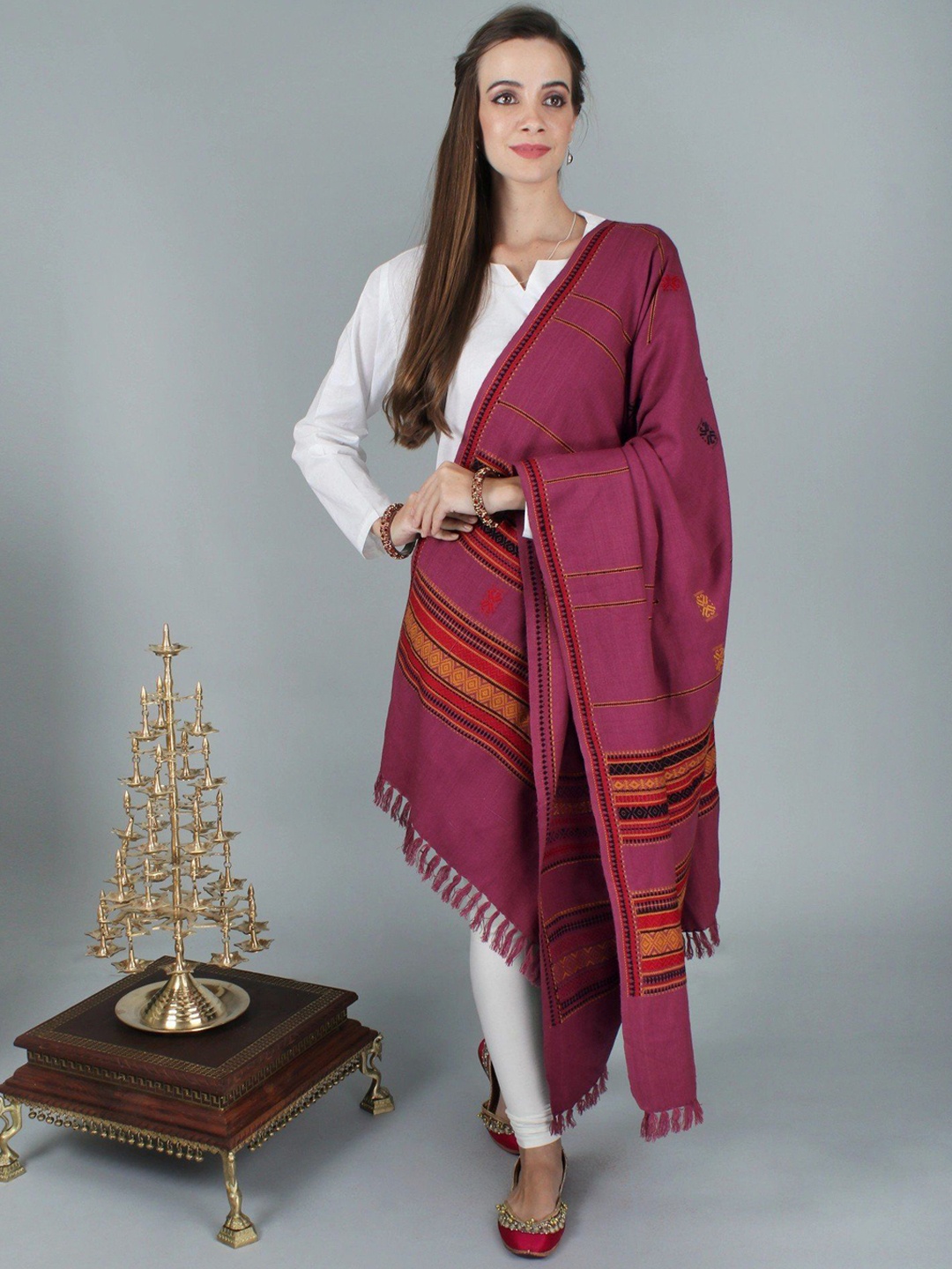 

Exotic India Raspberry Coulis Pure Wool Handloom Manipur Shawl with Traditional Motifs, Pink