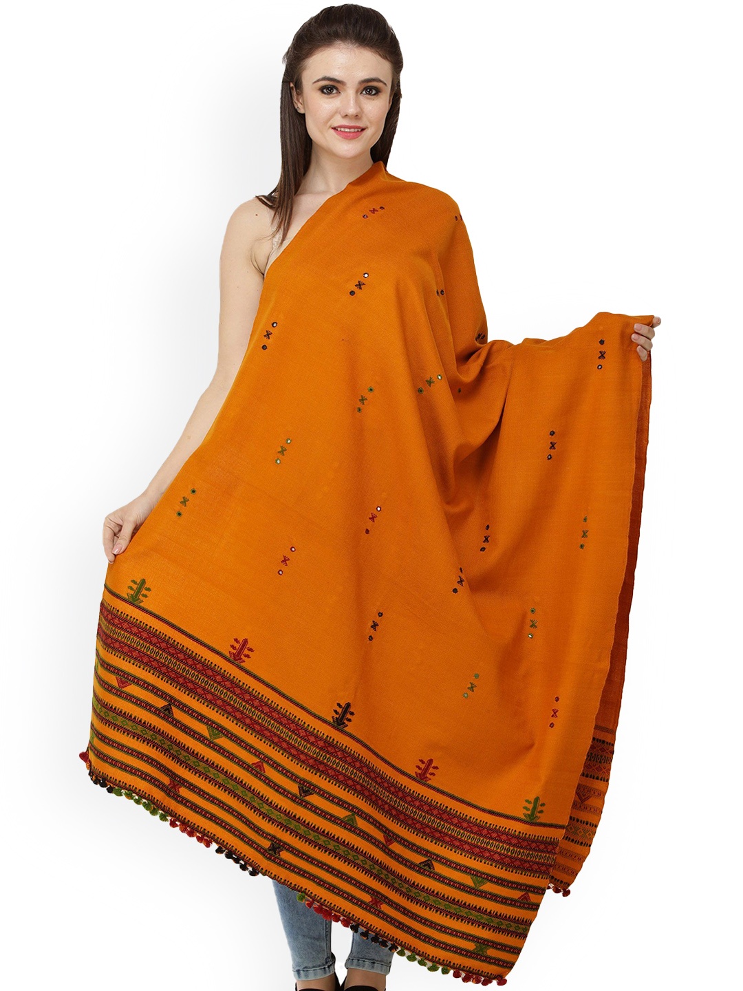 

Exotic India Golden Ochre Bootis and Mirrors Embroidered Wool Shawl, Orange