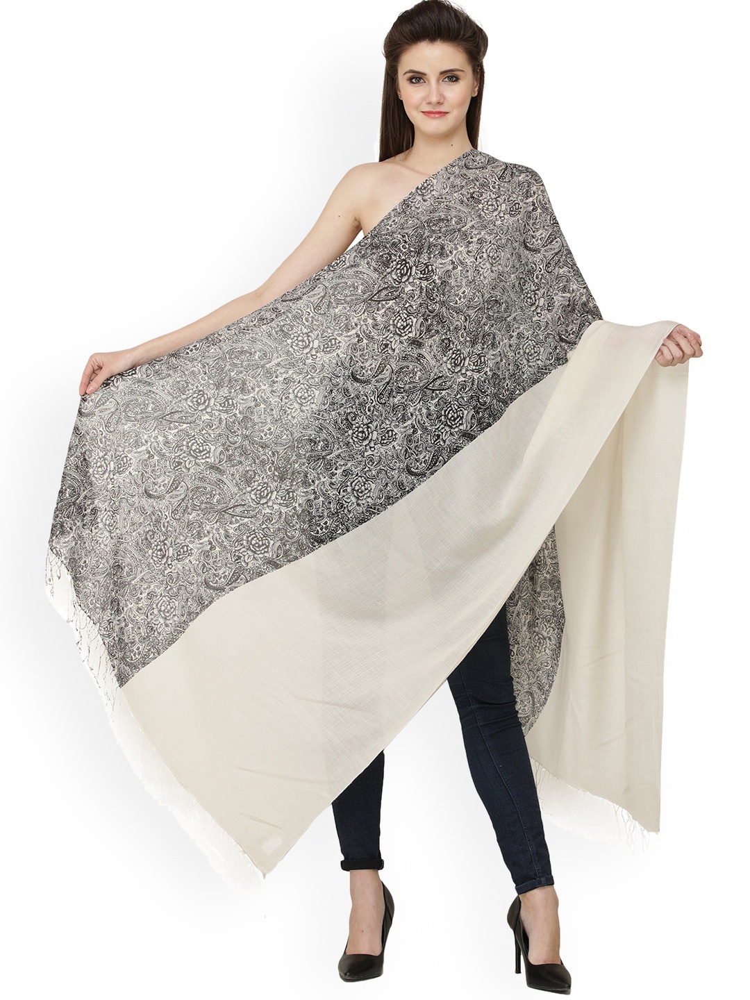 

Exotic India Banana Cream Floral Print Pure Wool Shawl