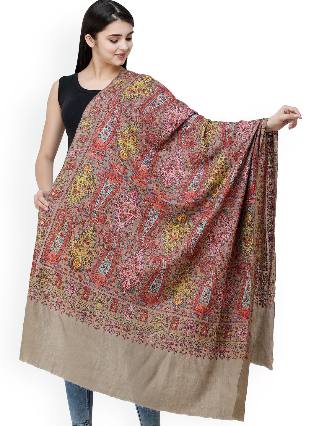 

Exotic India Women Floral Embroidered Pashmina Shawl, Brown
