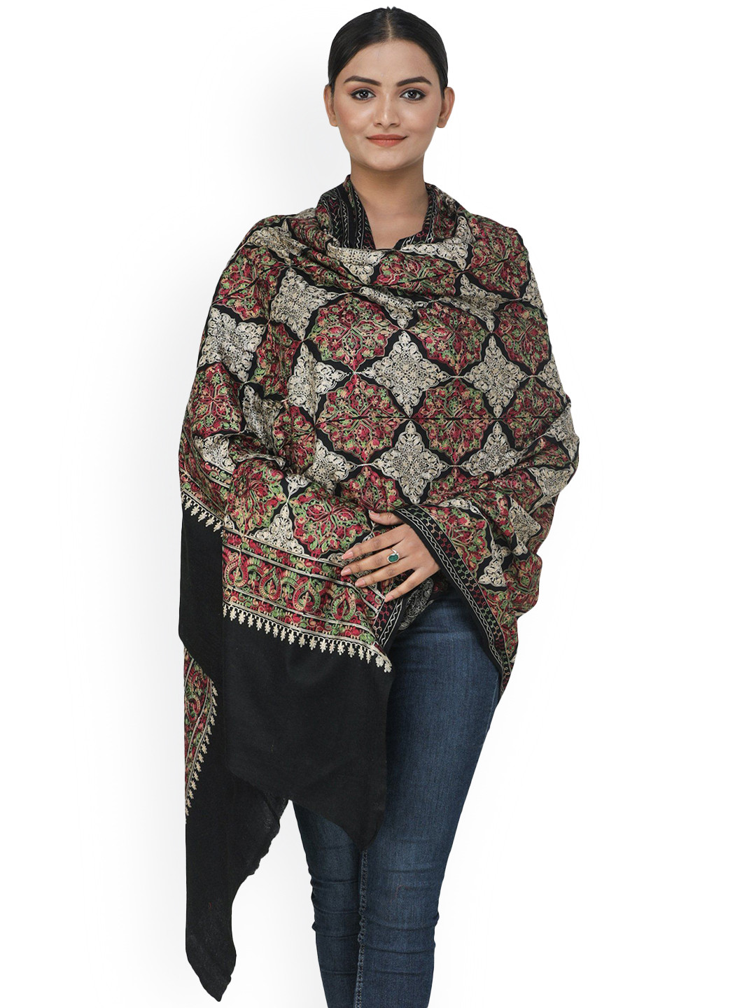 

Exotic India Black Aari Embroidered Shawl with Multi-Colored Mandala Patterns