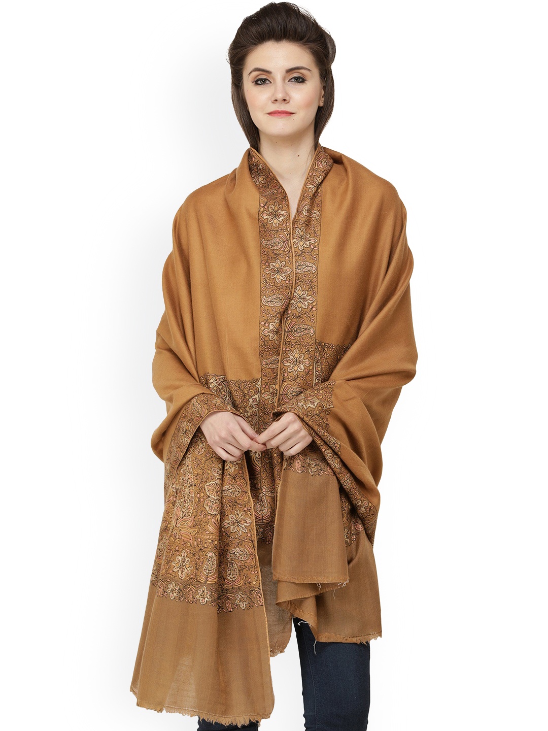 

Exotic India Women Ethnic Motifs Embroidered Pashmina Shawl, Brown