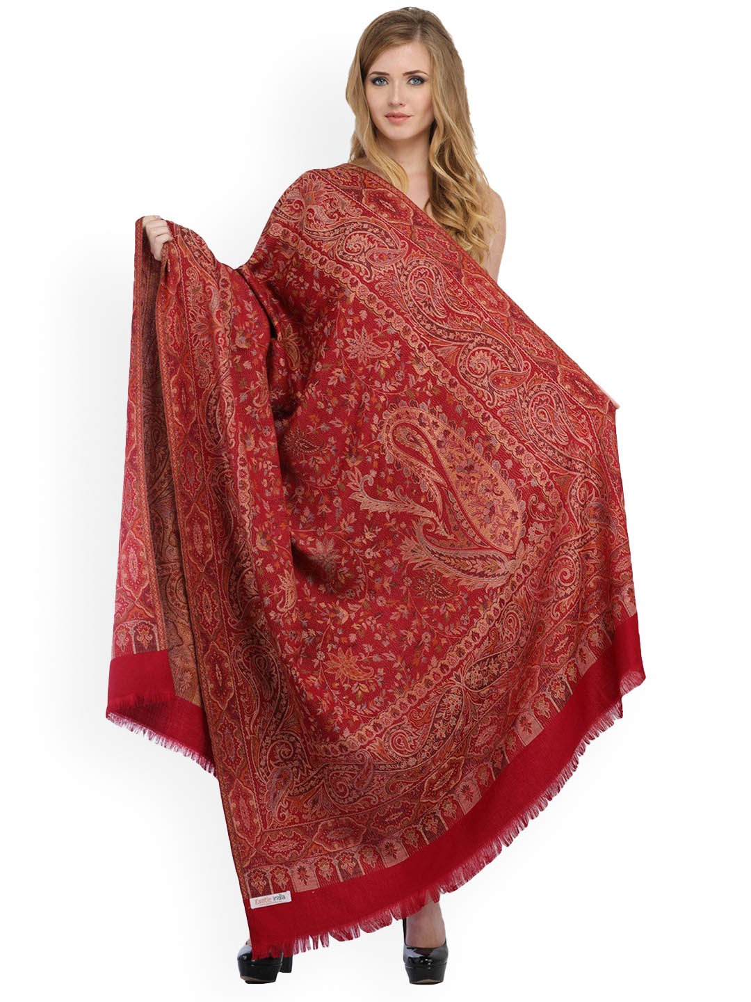 

Exotic India Maroon Reversible Jamawar Wool Shawl with Woven Paisleys