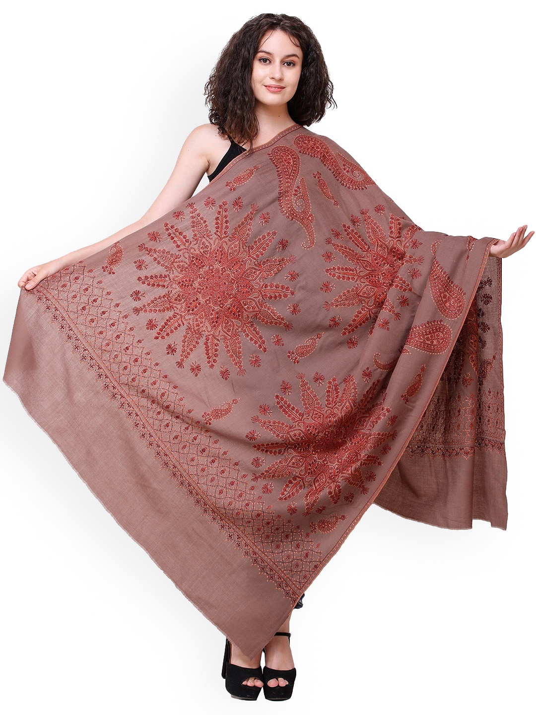 

Exotic India Women Ethnic Motifs Embroidered Woollen Shawl, Pink