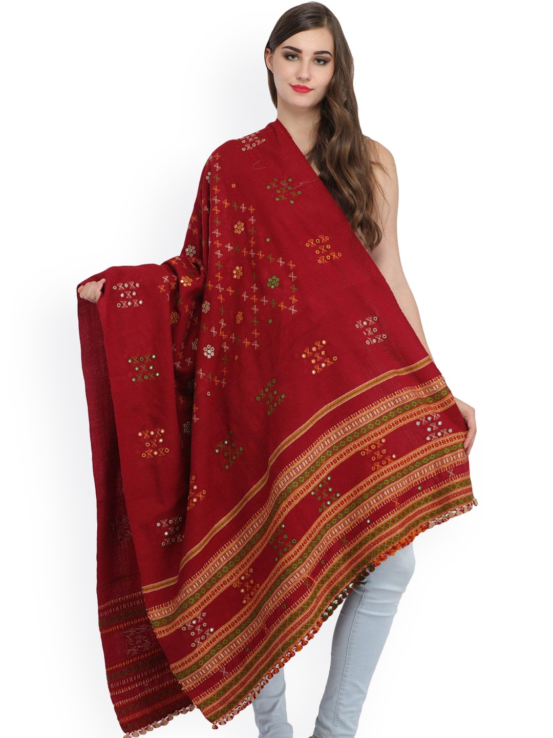 

Exotic India Garnet Pure Wool Shawl with Woven Border and Embroidered Mirrors, Red