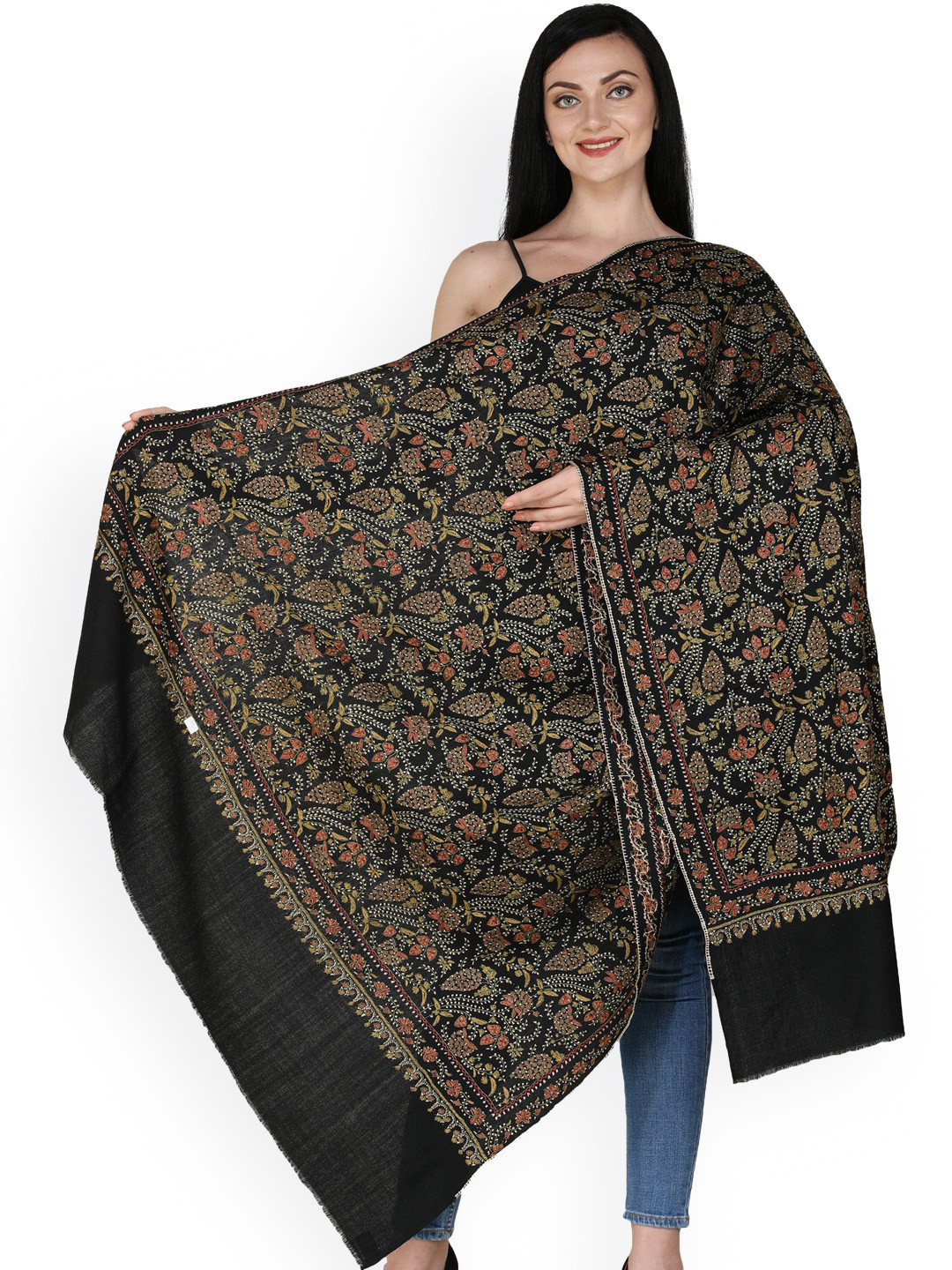 

Exotic India Women Floral Embroidered Shawl, Black