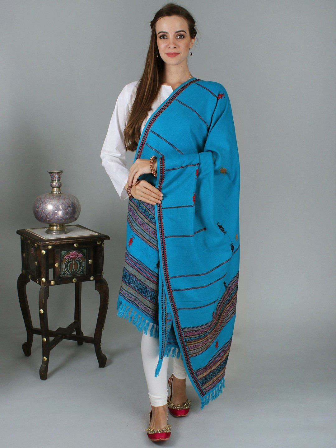 

Exotic India Vivid Blue Pure Wool Handloom Manipur Shawl with Traditional Motifs
