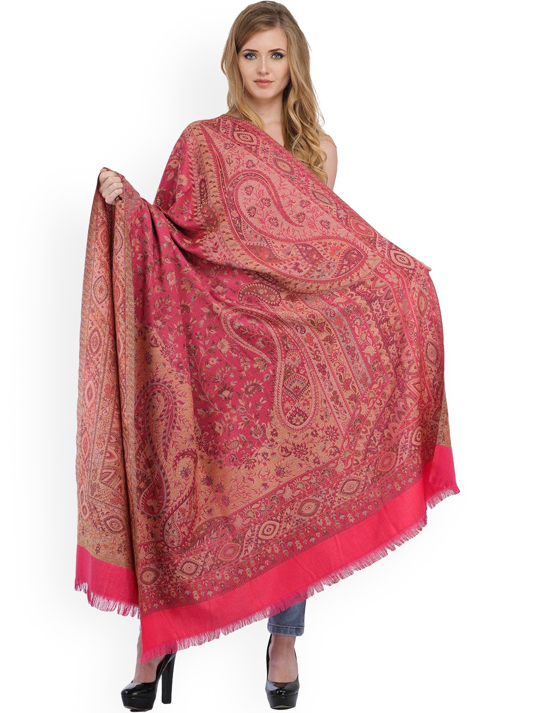 

Exotic India Hot Pink Reversible Jamawar Wool Shawl with Woven Paisleys