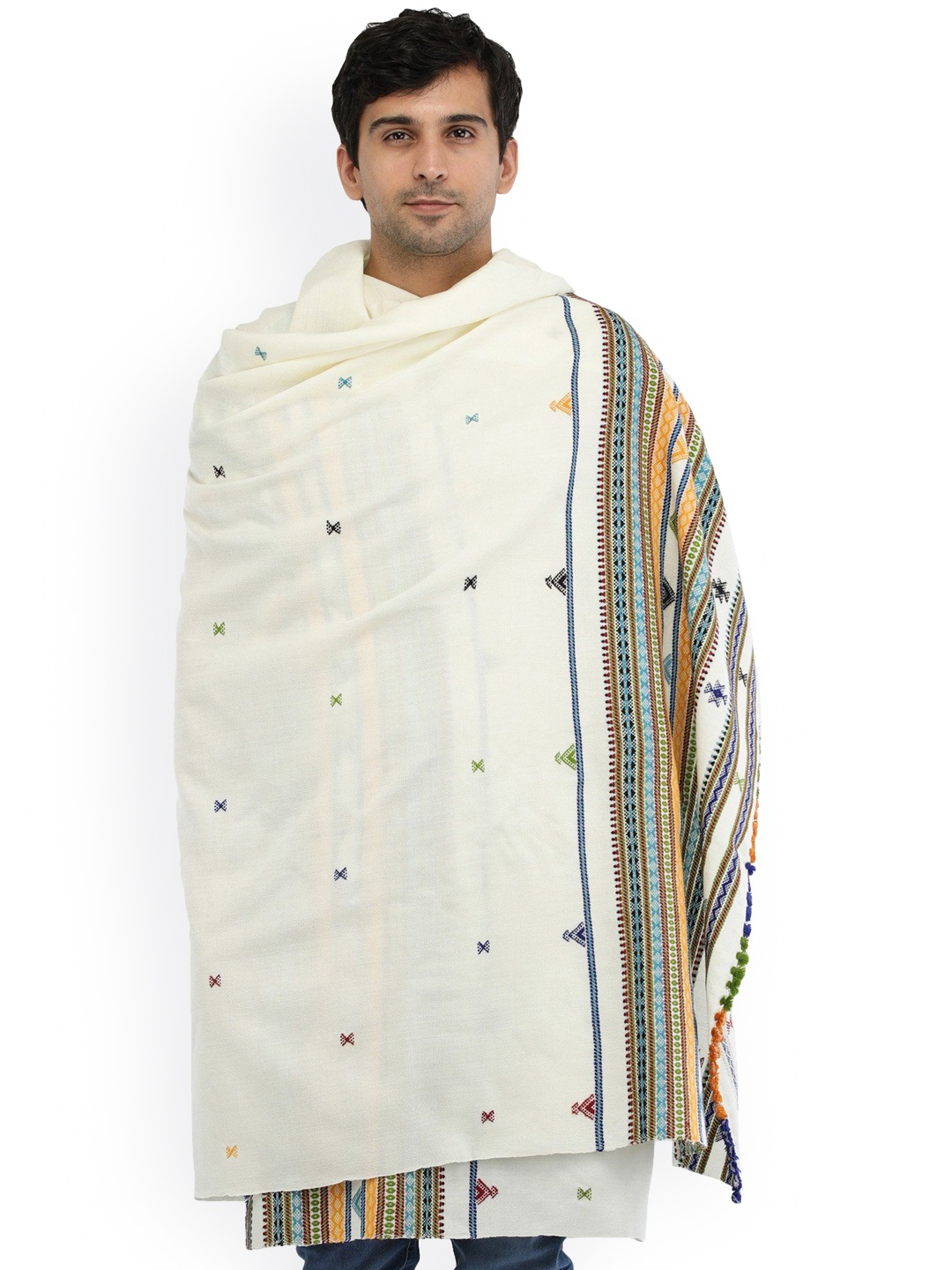 

Exotic India Light Yellow Men's Pure Wool Shawl with Thread Weave on Border