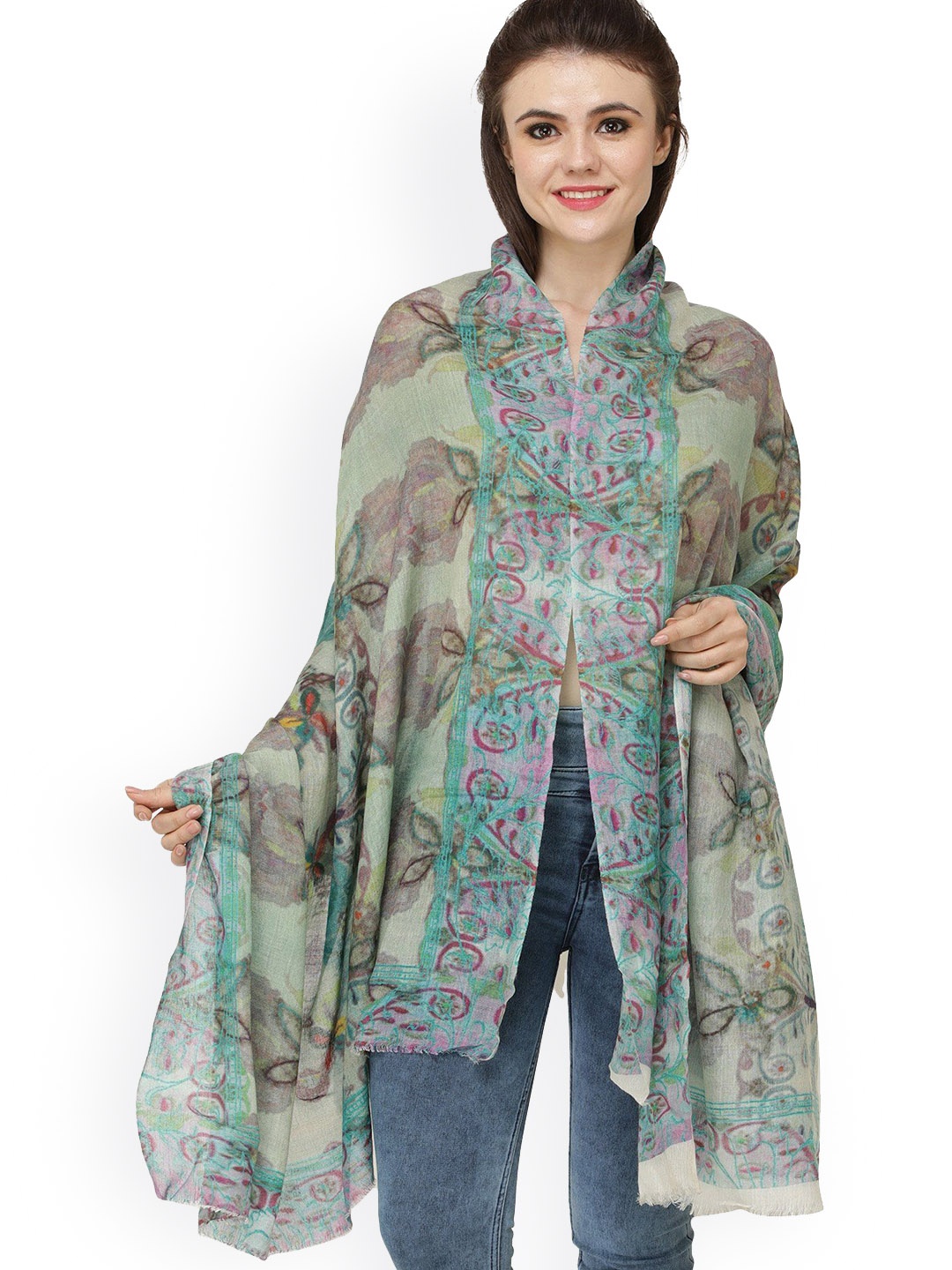 

Exotic India Loden-Frost Digital Printed Pure Wool-Silk Shawl, Blue