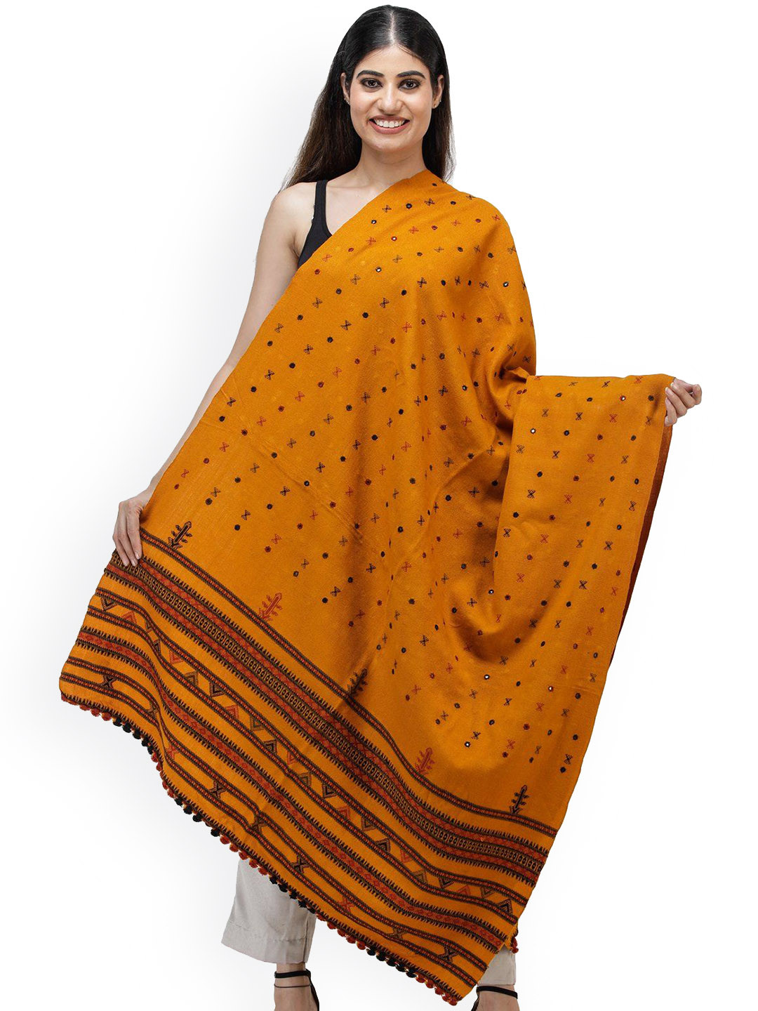 

Exotic India Dark Cheddar Pure Wool Shawl with Woven Border and Embroidered Mirrors, Orange