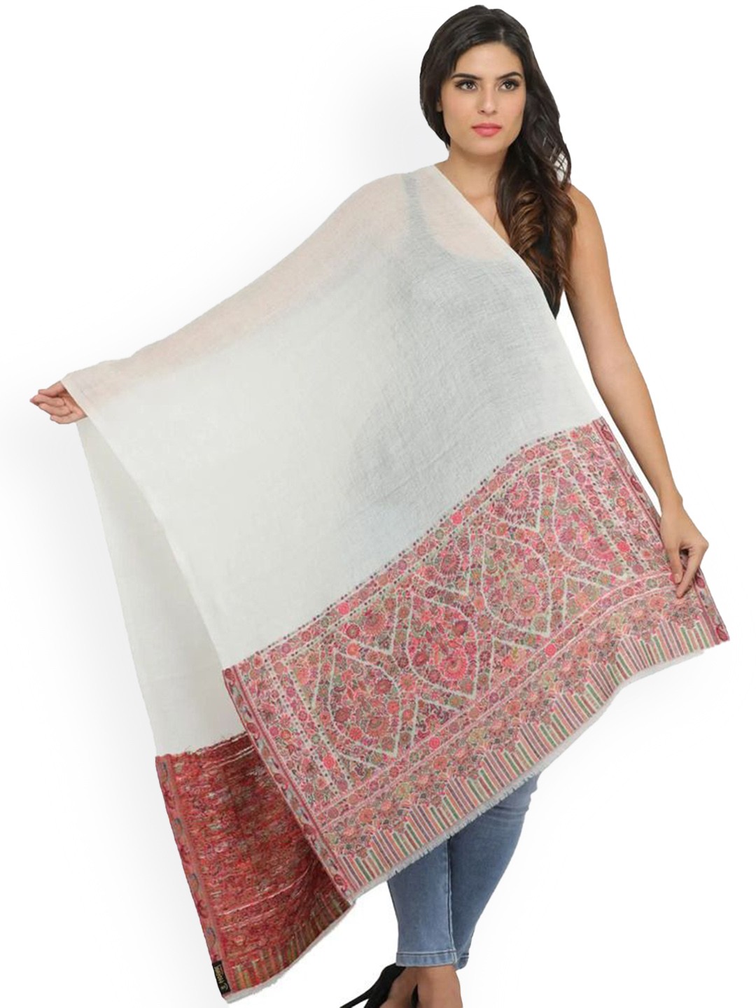 

Exotic India Floral Printed Shawl, Off white