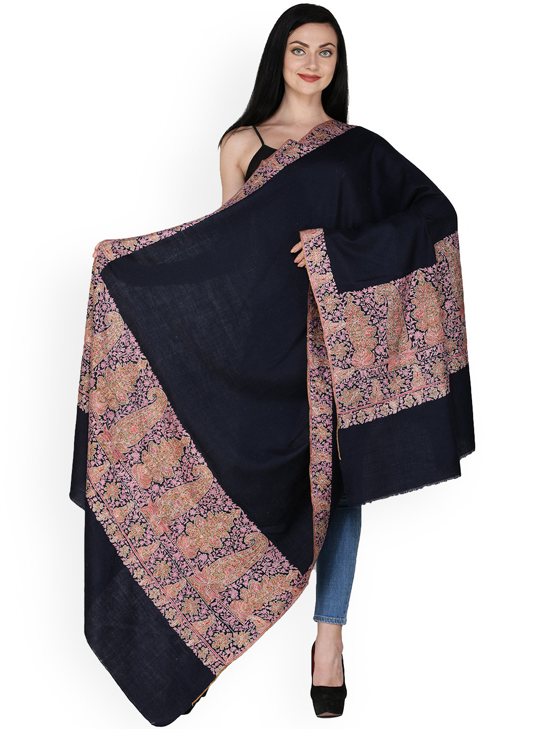 

Exotic India Women Floral Embroidered Shawl, Navy blue