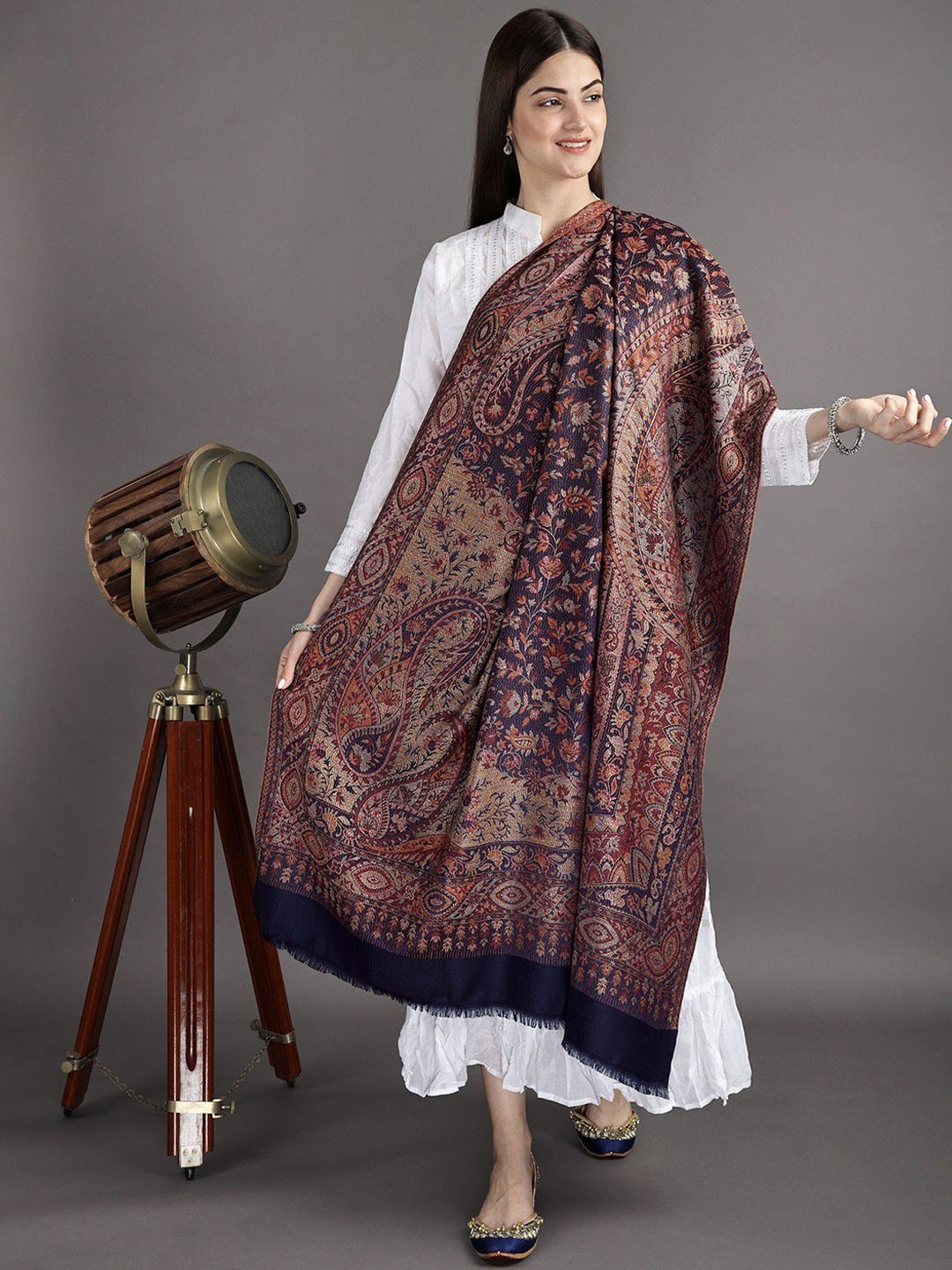 

Exotic India Medieval Blue Reversible Jamawar Wool Shawl with Woven Paisleys