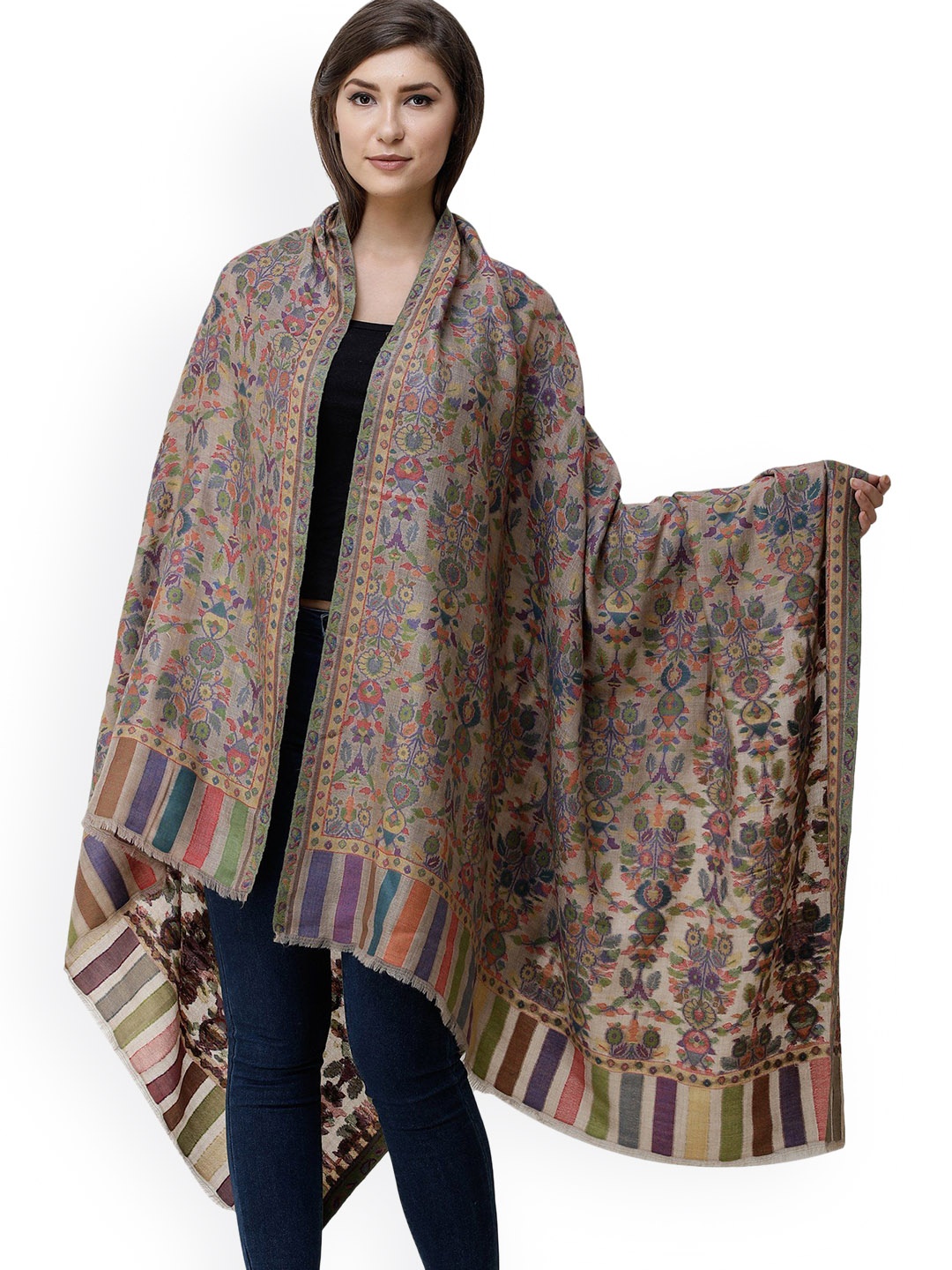 

Exotic India Kani Jamawar Shawl with Woven Flowers in Multicolor Thread, Brown