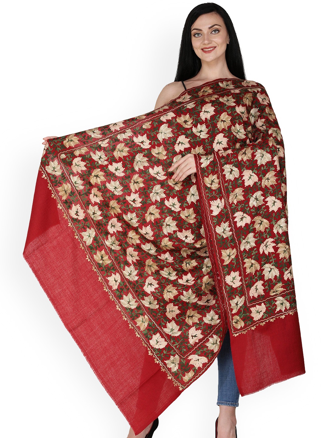 

Exotic India Deep Claret Aari Embroidered Chinar Leaves Pure Wool Shawl, Maroon