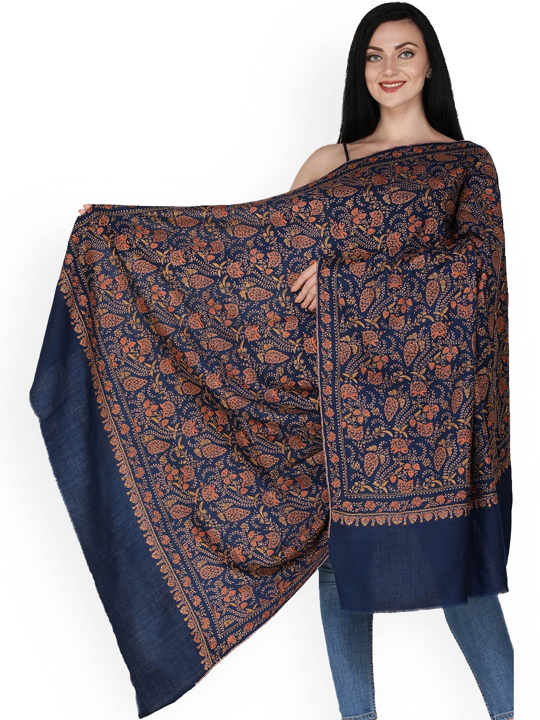 

Exotic India Women Floral Embroidered Shawl, Blue