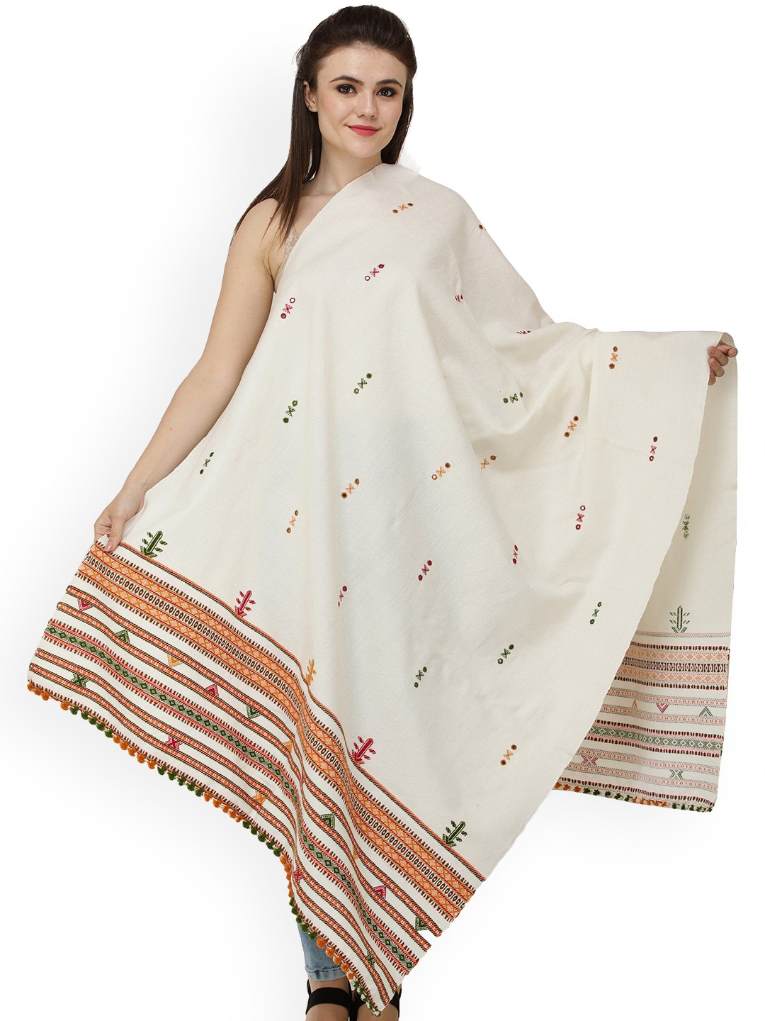 

Exotic India Pearled Ivory Bootis and Mirrors Embroidered Wool Shawl, Off white