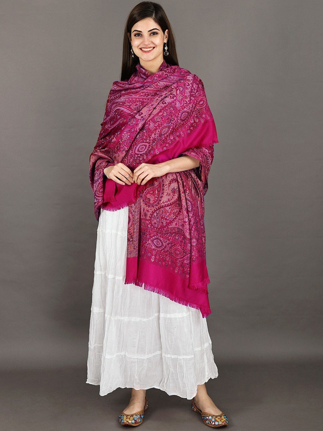 

Exotic India Very Berry Reversible Jamawar Wool Shawl with Woven Paisleys, Pink
