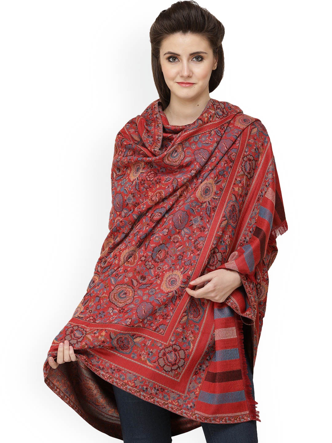 

Exotic India Bittersweet Woven Flowers in Multi-coloured Thread Jamawar Wool Shawl, Maroon