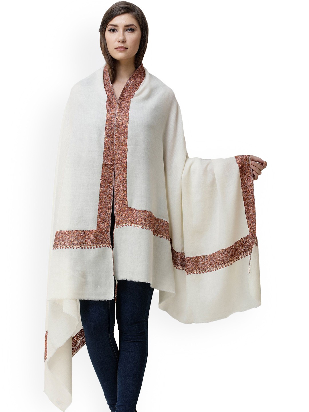 

Exotic India Embroidered Border Pure Woollen Shawl, Cream