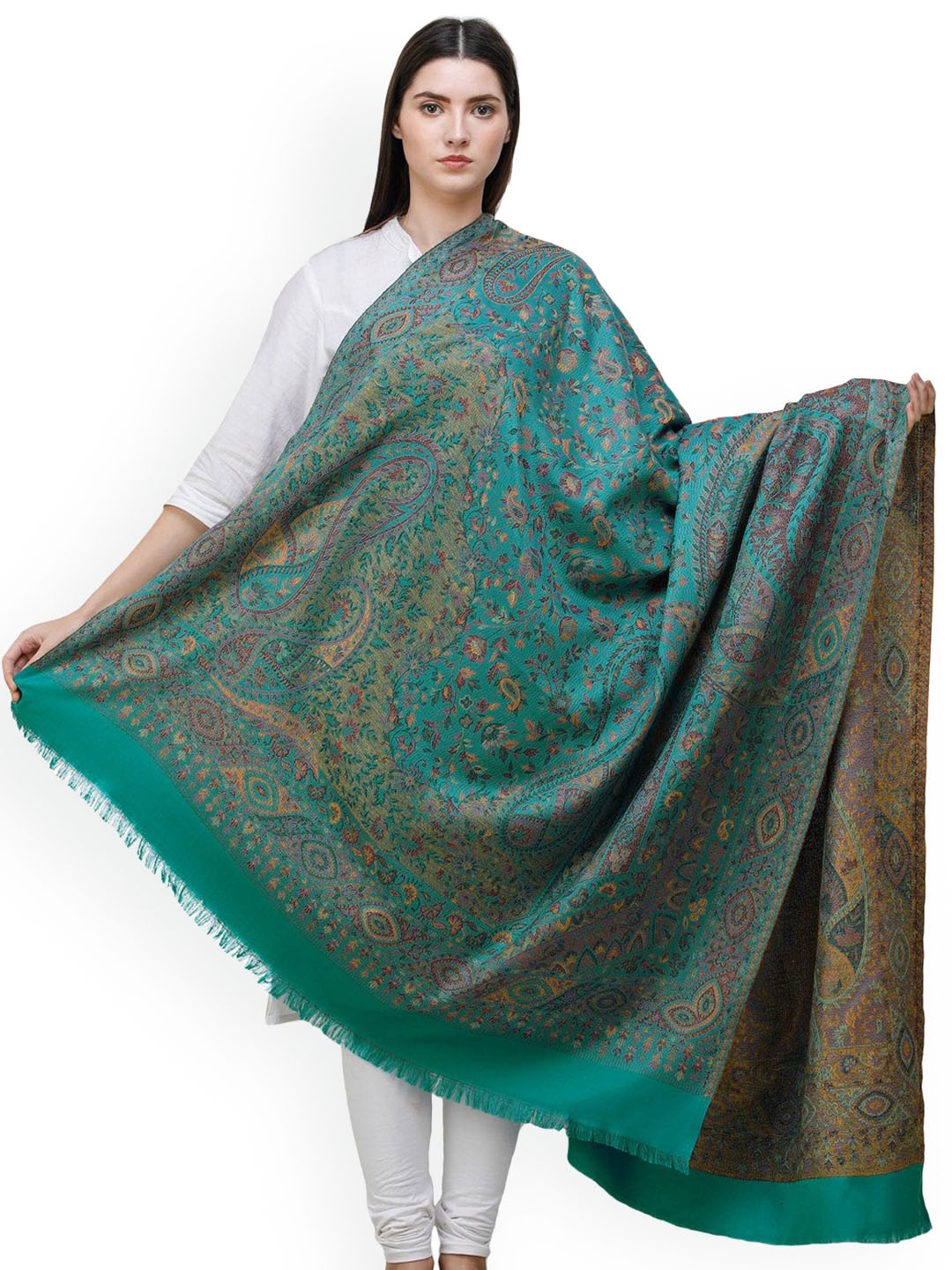 

Exotic India Proud Peacock Reversible Jamawar Wool Shawl with Woven Paisleys, Sea green