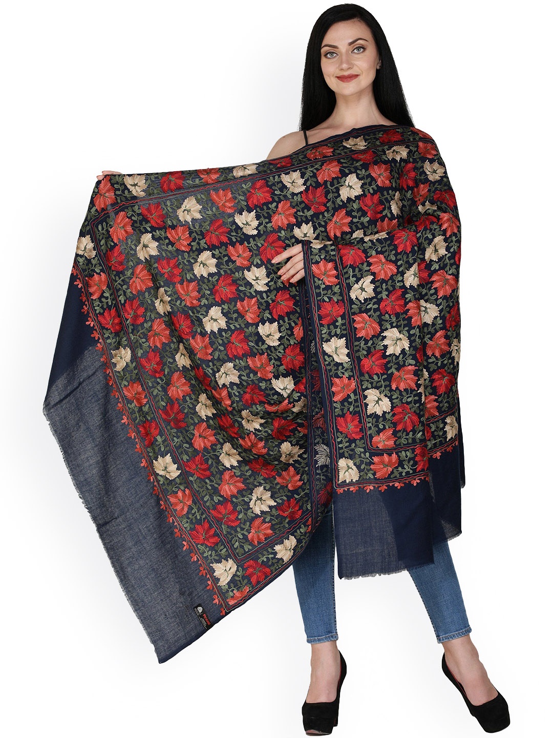 

Exotic India Patriot Blue Aari Embroidered Chinar Leaves Pure Wool Shawl