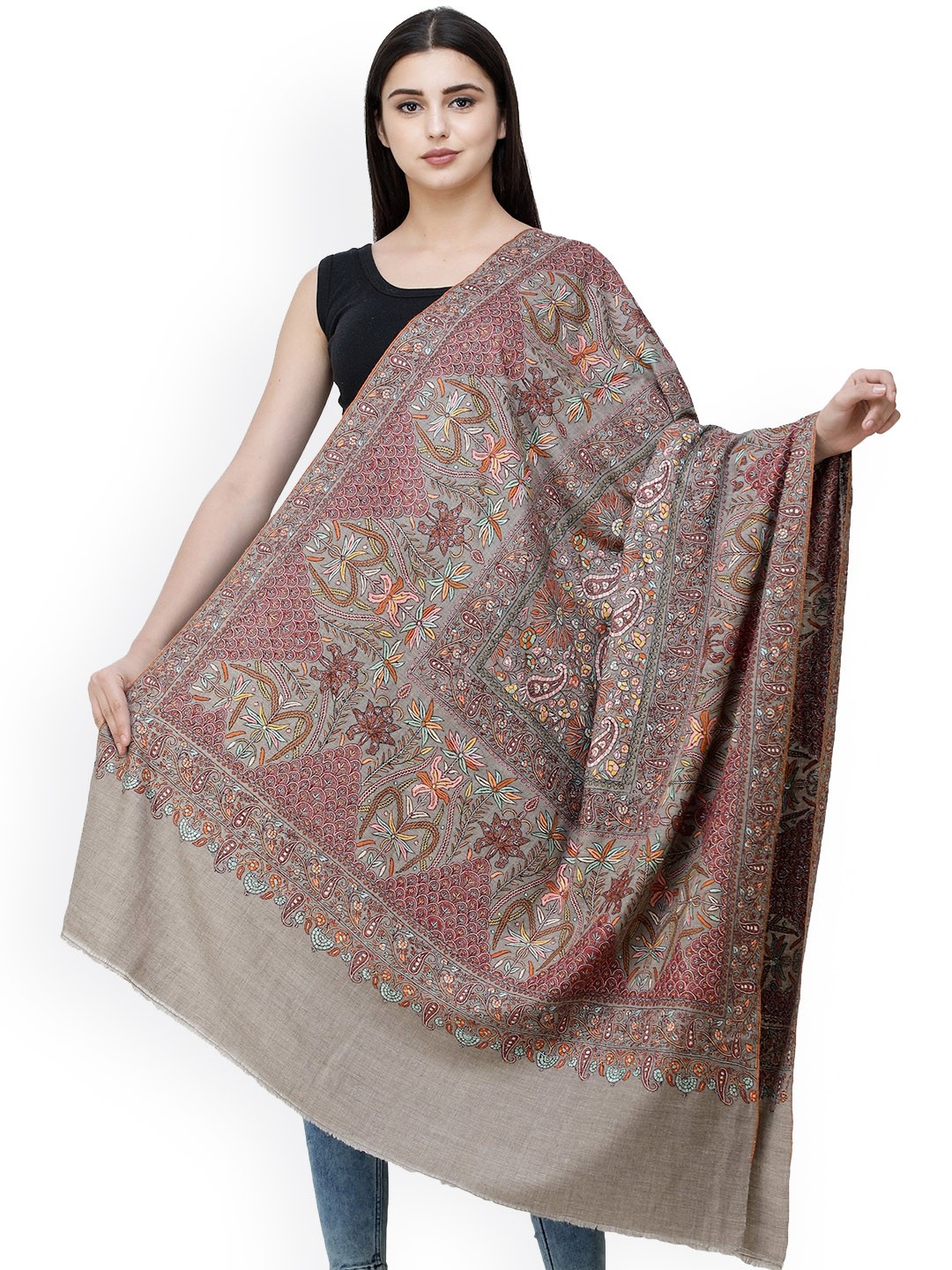 

Exotic India Women Ethnic Motifs Embroidered Pashmina Shawl, Silver