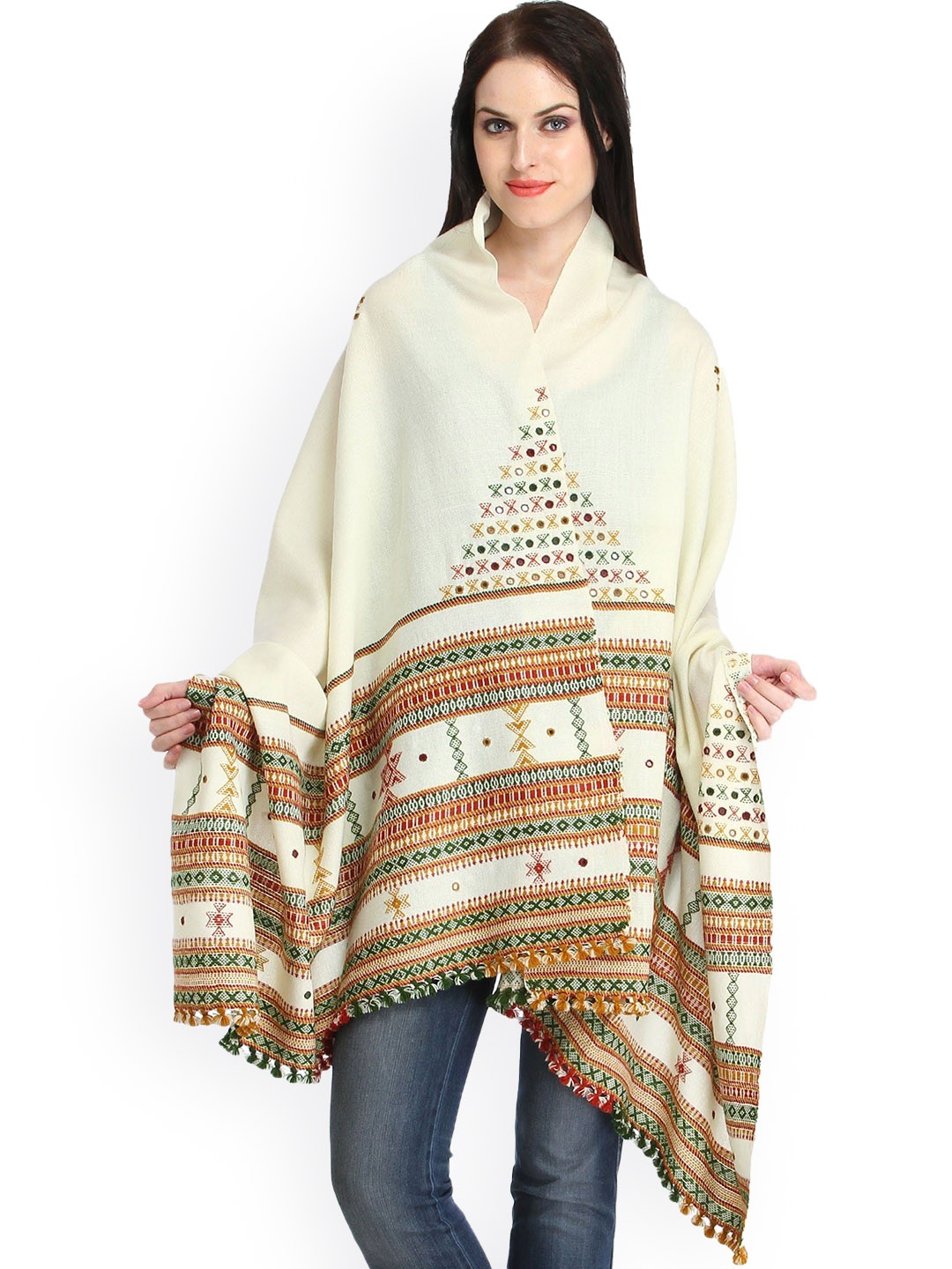 

Exotic India Off White Shawl with Woven Border and Embroidered Mirrors, Beige