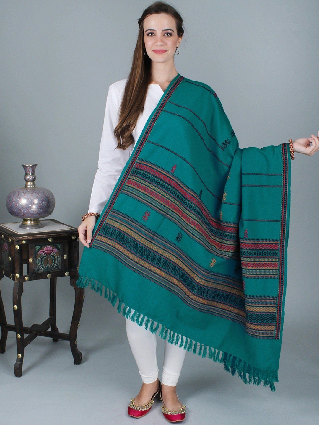 

Exotic India Women Ethnic Motifs Woven Design Shawl, Green