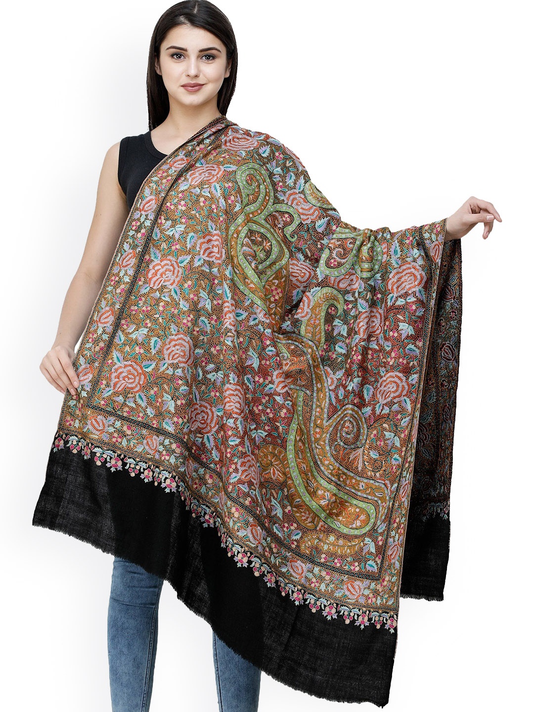 

Exotic India Women Floral Printed Pashmina Shawl, Black