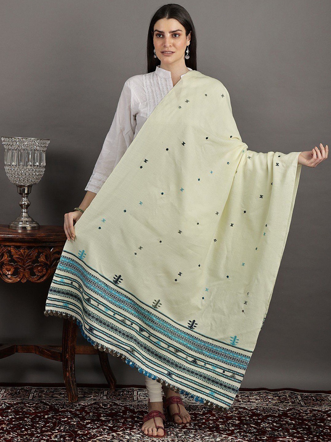 

Exotic India Hawaiian Ocean Bootis and Mirrors Embroidered Wool Shawl, Off white